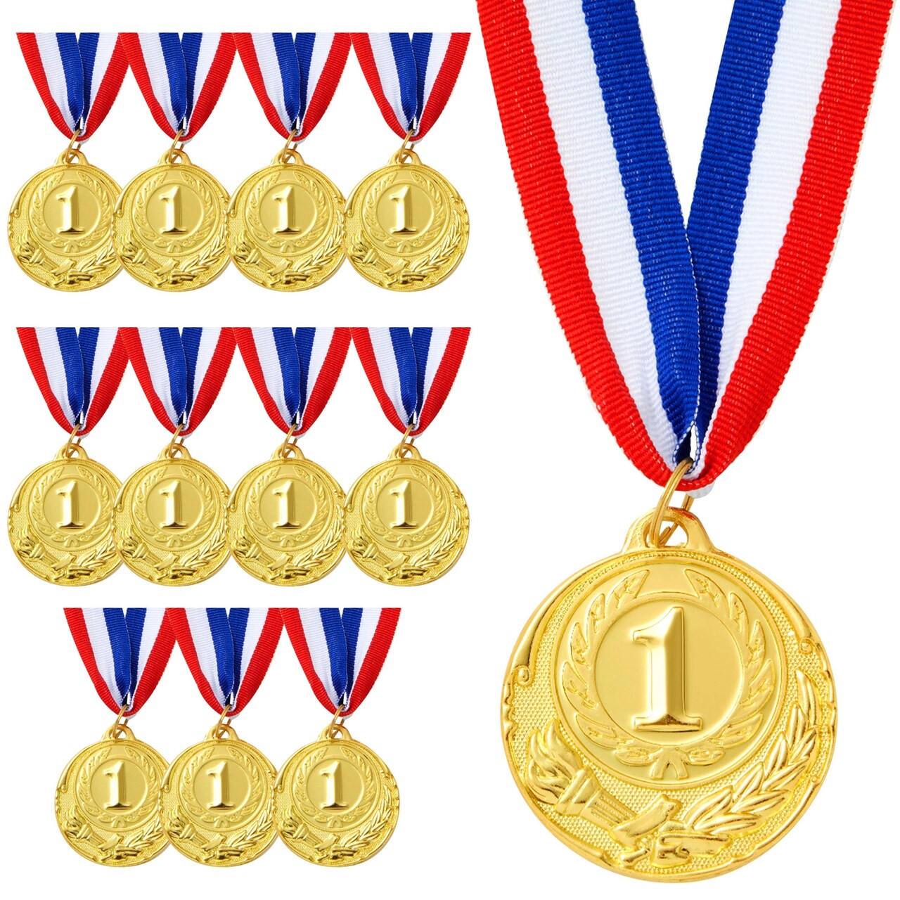 12-Pack 1st Place Winner Gold Medals for All Ages, Participation Awards with 15.5-Inch Red, White, and Blue Ribbon for Sports, Tournaments, Competitions (Metal, 2 in)